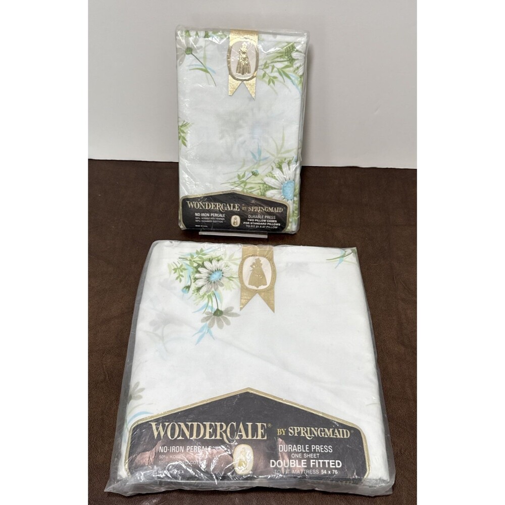 NOS Vintage Springmaid Wondercale Double Fitted Sheet & Pillow Cases White Daisy